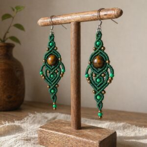 Pendientes Macramé Boho Tribal Verde Ojo de Tigre