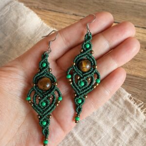 Pendientes Macramé Boho Tribal Verde Ojo de Tigre