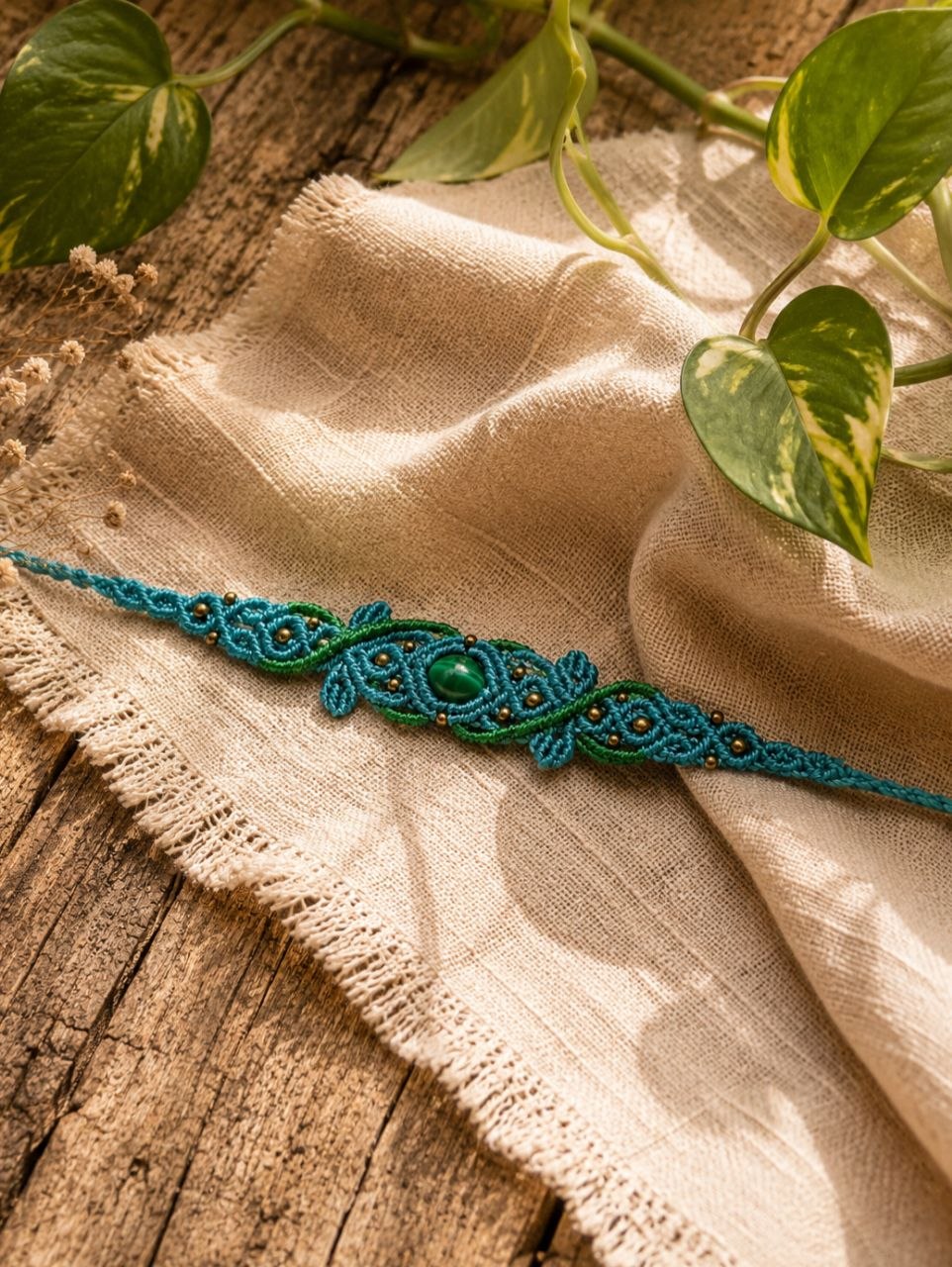 Pulsera Macramé Élfica Ojo de Tigre Verde Turquesa - Imagen 2