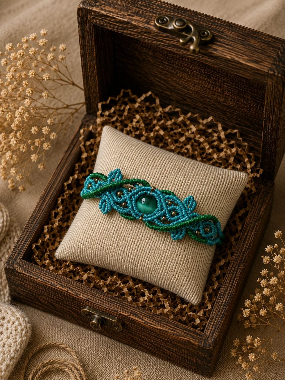 Pulsera Macramé Élfica Ojo de Tigre Verde Turquesa