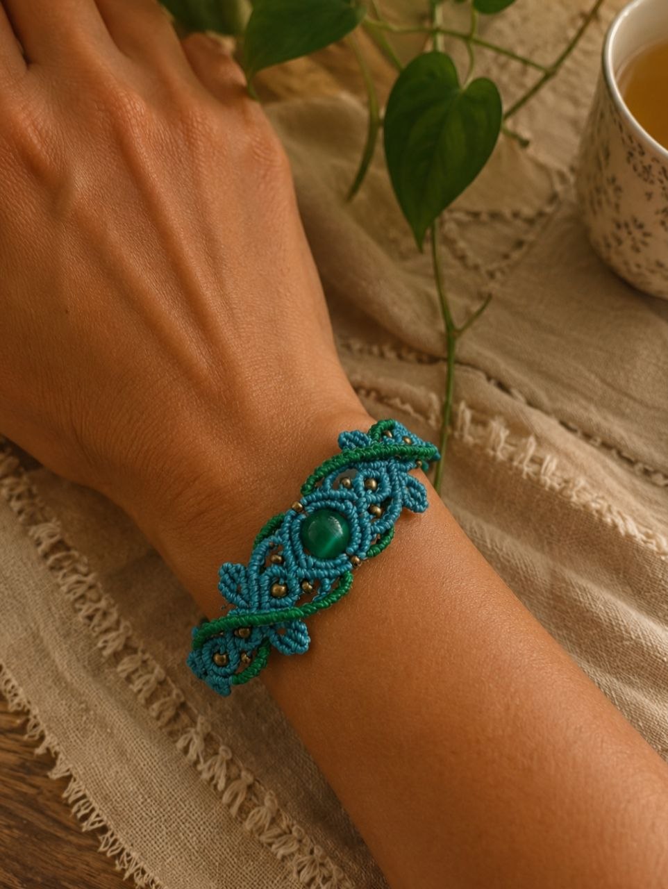 Pulsera Macramé Élfica Ojo de Tigre Verde Turquesa - Imagen 3